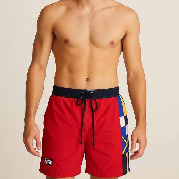 Vintage Ralph Lauren Chaps red swim trunks with navy blue, yellow, and white - Picture 1 of 8